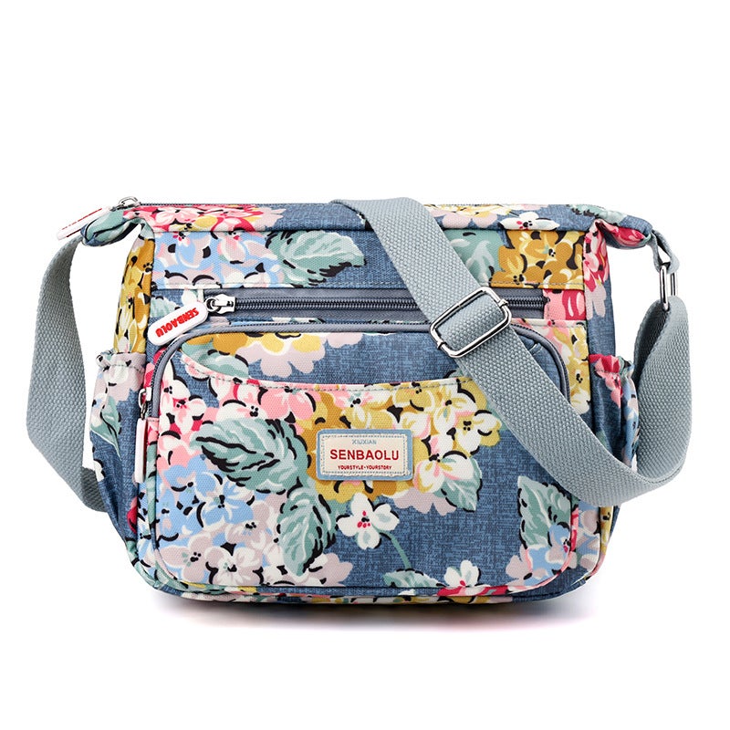 Lightweight Water-repellent Nylon Cloth Bag Fashionable Shopping Bag Fashionable Womens Shoulder Bag Casual Printed Crossbody Bag Bouquet on blue background - Image 1