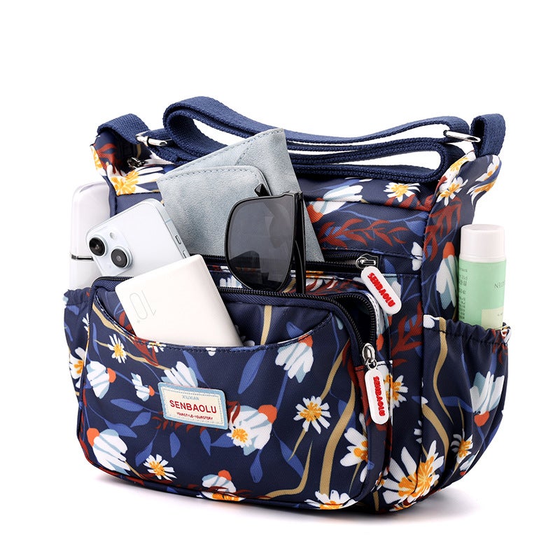 Lightweight Water-repellent Nylon Cloth Bag Fashionable Shopping Bag Fashionable Womens Shoulder Bag Casual Printed Crossbody Bag Bouquet on blue background - Image 4