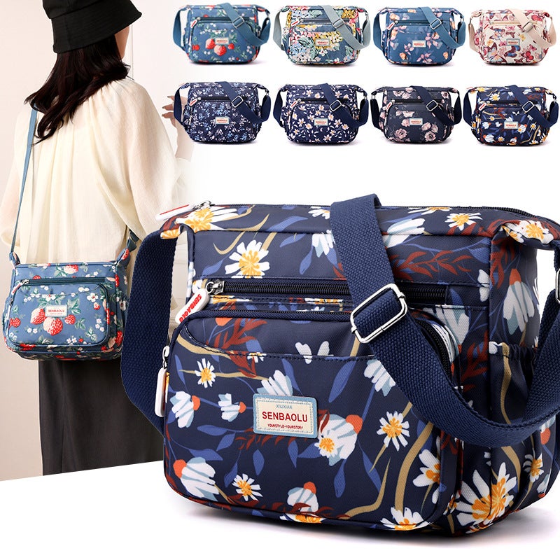 Lightweight Water-repellent Nylon Cloth Bag Fashionable Shopping Bag Fashionable Womens Shoulder Bag Casual Printed Crossbody Bag Bouquet on blue background - Image 3