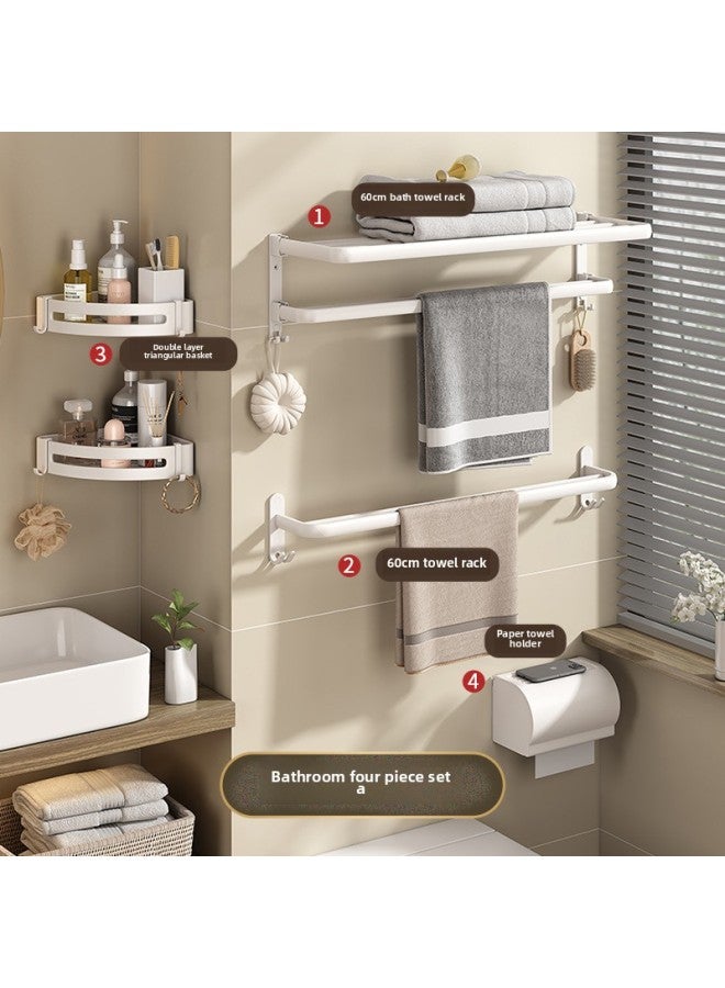 Towel Rack Toilet Punch-free Bathroom Storage Rack Suit Wall-mounted Toilet Bath Towel Storage Rack Folding Double Rod-Specification:Double Folding Towel Rack Four-piece Set A1—cream White✦  - Image 1