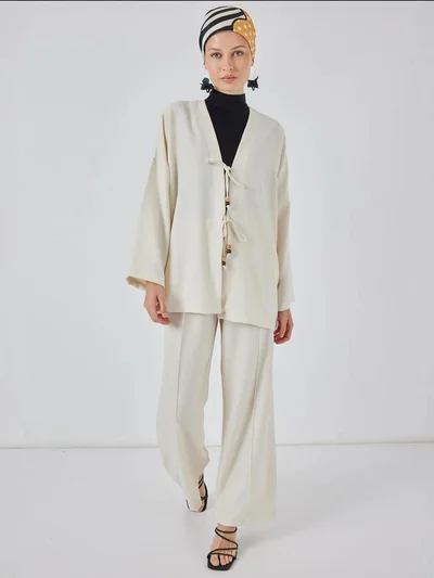BIG DART BDART Linen Blend Binding Detailed Cardigan and Rib Detail Wide Leg Pants Set