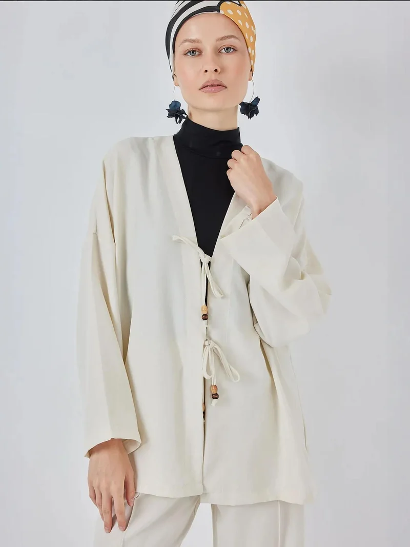 BIG DART BDART Linen Blend Binding Detailed Cardigan and Rib Detail Wide Leg Pants Set