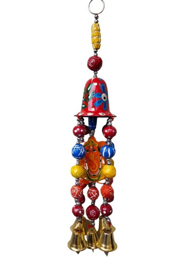 KRISHNA Handicraft Home Decor Wall Hanging Red Ghanti with Orange Wooden Ganesha Along with Multicolor Seven Clay Beads Bell for Home Decoration Door,Wall and Balcony. - Image 4