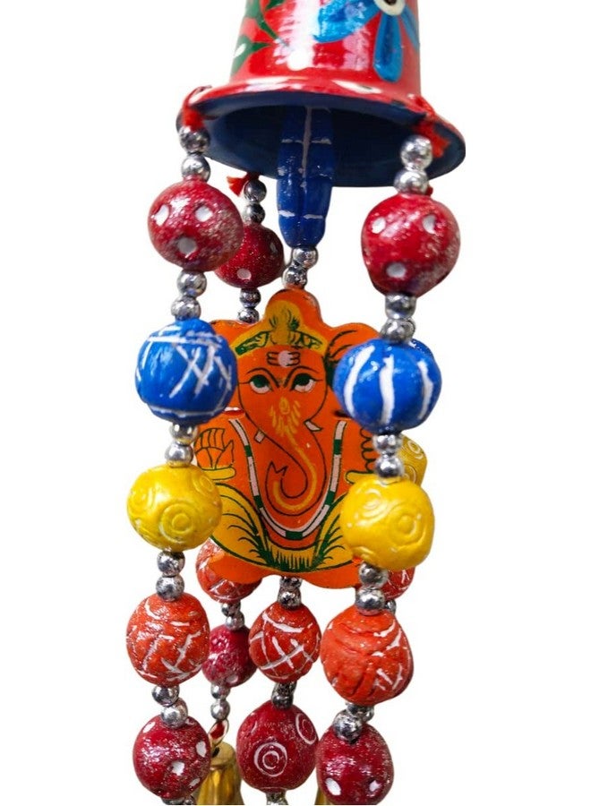 KRISHNA Handicraft Home Decor Wall Hanging Red Ghanti with Orange Wooden Ganesha Along with Multicolor Seven Clay Beads Bell for Home Decoration Door,Wall and Balcony. - Image 3