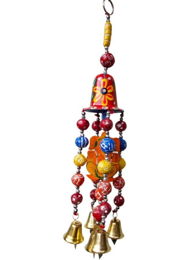 KRISHNA Handicraft Home Decor Wall Hanging Red Ghanti with Orange Wooden Ganesha Along with Multicolor Seven Clay Beads Bell for Home Decoration Door,Wall and Balcony. - Image 1