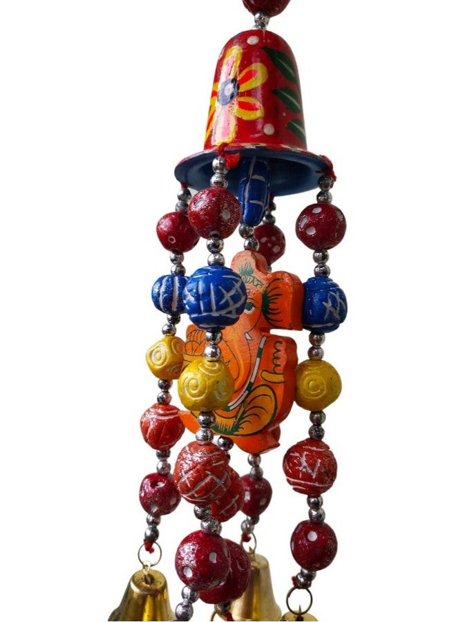 KRISHNA Handicraft Home Decor Wall Hanging Red Ghanti with Orange Wooden Ganesha Along with Multicolor Seven Clay Beads Bell for Home Decoration Door,Wall and Balcony. - Image 5