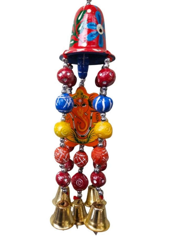 KRISHNA Handicraft Home Decor Wall Hanging Red Ghanti with Orange Wooden Ganesha Along with Multicolor Seven Clay Beads Bell for Home Decoration Door,Wall and Balcony. - Image 2