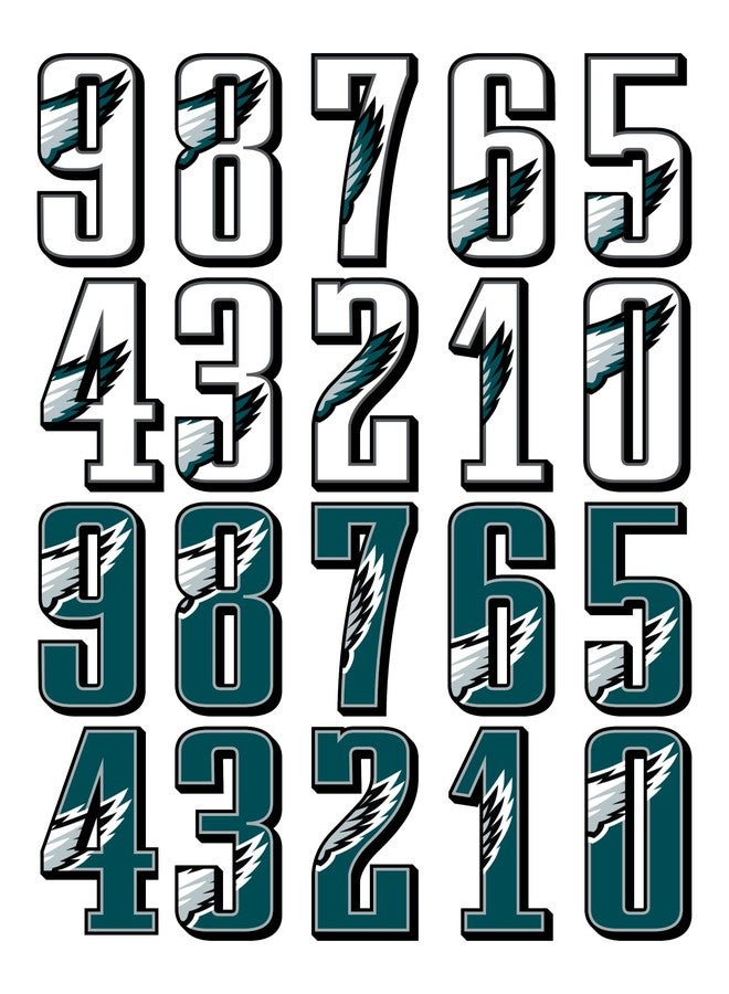 【Eagles Helmet Vinyl Numbers Stickers】 5cm Self Adhesive (1 Set Including Green & White 1 to 0 one Each) Premium Decal Die Cut Waterproof Philadelphia Fans Team Color American Football Wings Fly - Image 2