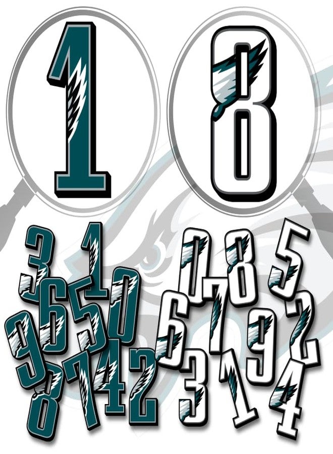 【Eagles Helmet Vinyl Numbers Stickers】 5cm Self Adhesive (1 Set Including Green & White 1 to 0 one Each) Premium Decal Die Cut Waterproof Philadelphia Fans Team Color American Football Wings Fly - Image 1