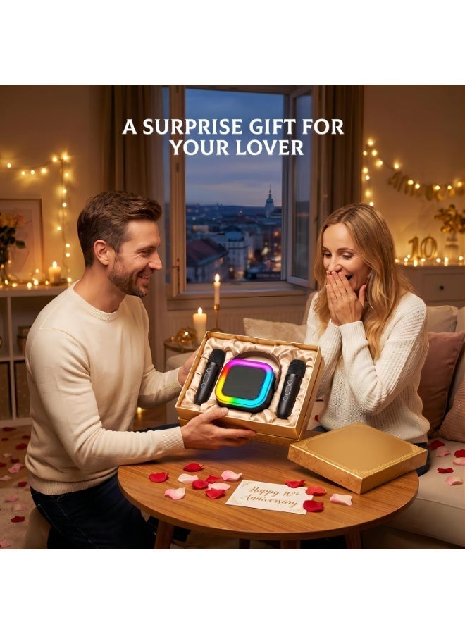Hamzone Mini Karaoke Machine, Portable Bluetooth Speaker with 2 Wireless Microphones and LED Party Lights for Kids and Adults, Perfect Birthday Gift for Boys and Girls, Family Home Party Fun Black - Image 2