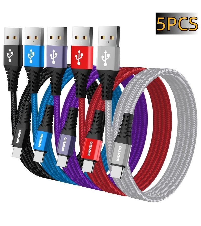 5 Sets Fast Charging USB to USB C Woven Data Cable 300cm 9.9ft for Samsung Galaxy S25 S23 S22 S21 Xiaomi Redmi Huawei OPPO Android iPhone 15 16 17 MacBook iPad Black - Image 1
