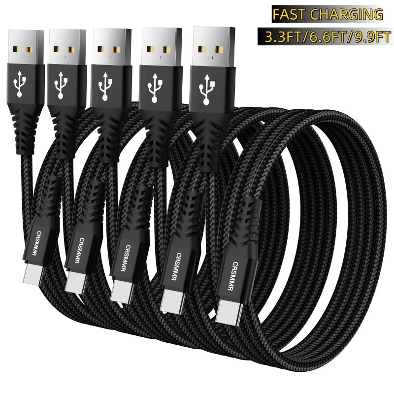 5 Sets Fast Charging USB to USB C Woven Data Cable 300cm 9.9ft for Samsung Galaxy S25 S23 S22 S21 Xiaomi Redmi Huawei OPPO Android iPhone 15 16 17 MacBook iPad Black - Image 3