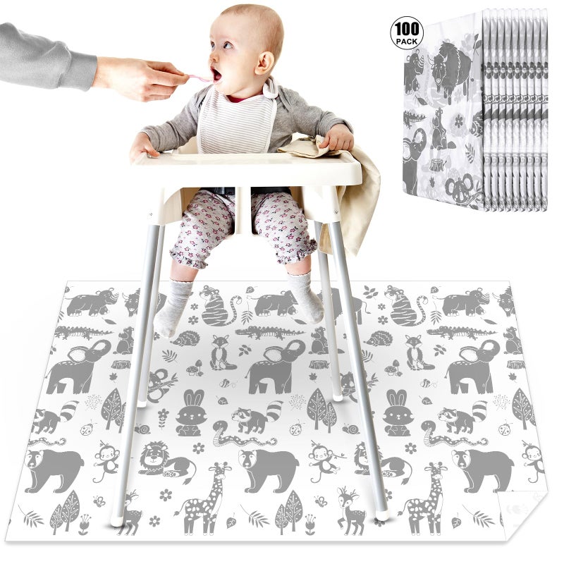 Drydiet 100 Pack 28"x47" Disposable Floor Splat Mats for Under High Chair with Animals Print, Waterproof Plastic Floor Mat Multipurpose Baby Led Weaning Supplies(Forest Animal) - Image 1