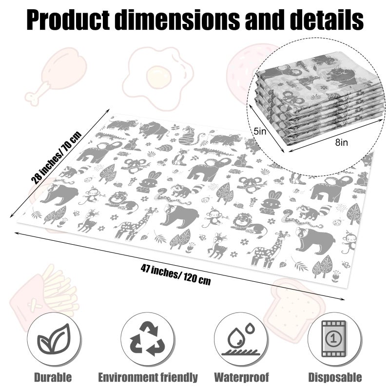 Drydiet 100 Pack 28"x47" Disposable Floor Splat Mats for Under High Chair with Animals Print, Waterproof Plastic Floor Mat Multipurpose Baby Led Weaning Supplies(Forest Animal) - Image 2