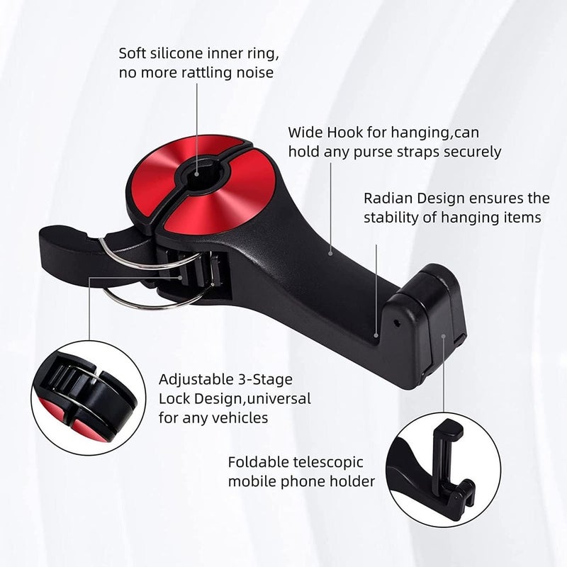 klarako 2 in 1 Car Headrest Hidden Hook, 2023 New 2 in 1 Car Seat Headrest Hook, 360°Rotation Headrest Hooks with Phone Holder, Universal Multifunctional Car Vehicle Headrest Hook for Car, Bag (1Pcs-Red) - Image 4