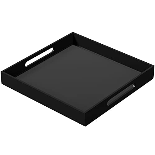 NIUBEE Acrylic Serving Tray 12x12 Inches -Spill Proof- Decorative Tray Organiser for Ottoman Coffee Table Countertop with Handles - Black - Image 1