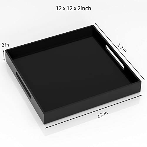 NIUBEE Acrylic Serving Tray 12x12 Inches -Spill Proof- Decorative Tray Organiser for Ottoman Coffee Table Countertop with Handles - Black - Image 3