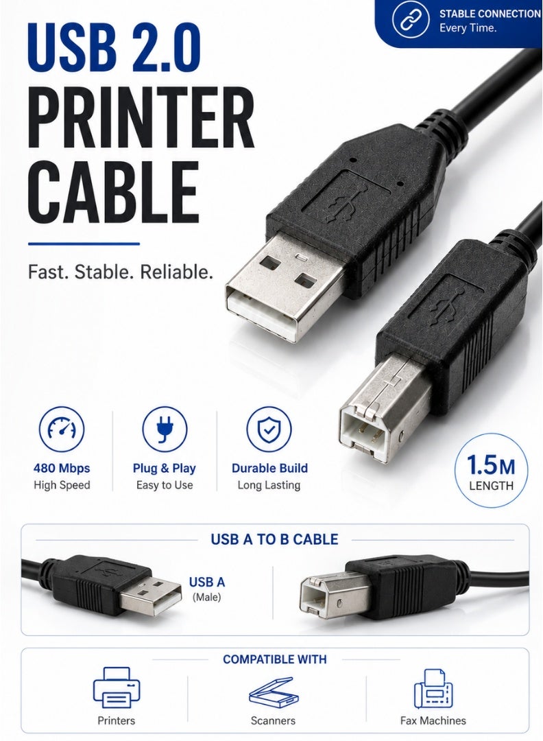 كابل طابعة USB بطول 1.5 متر من USB A إلى USB B لنقل البيانات عالي السرعة، متوافق مع الطابعات والماسحات والفاكس، لون أسود - Image 2