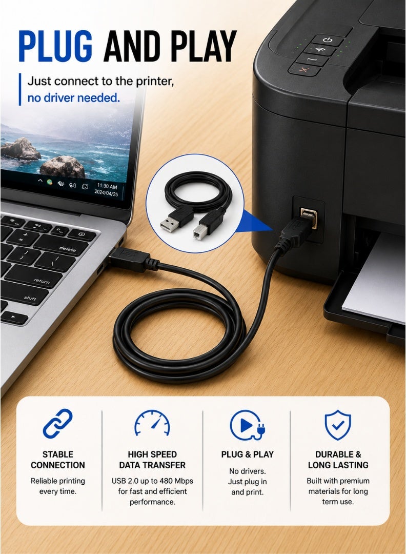كابل طابعة USB بطول 1.5 متر من USB A إلى USB B لنقل البيانات عالي السرعة، متوافق مع الطابعات والماسحات والفاكس، لون أسود - Image 3
