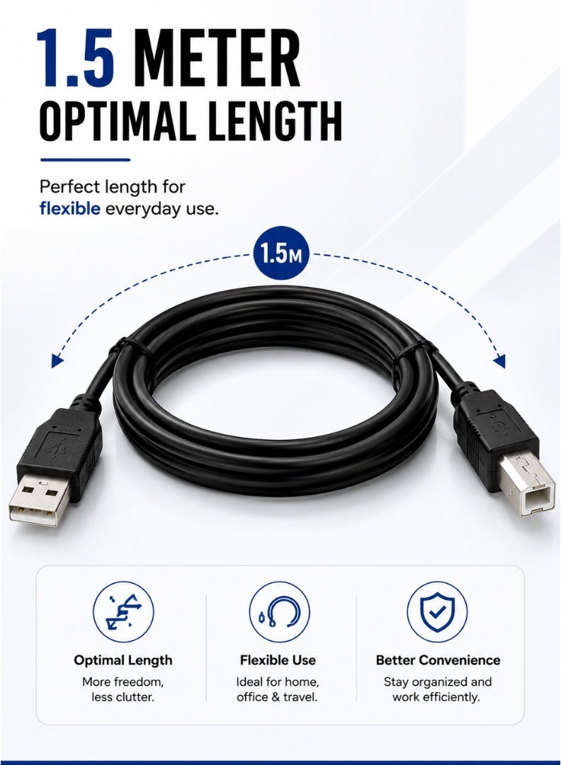 كابل طابعة USB بطول 1.5 متر من USB A إلى USB B لنقل البيانات عالي السرعة، متوافق مع الطابعات والماسحات والفاكس، لون أسود - Image 4