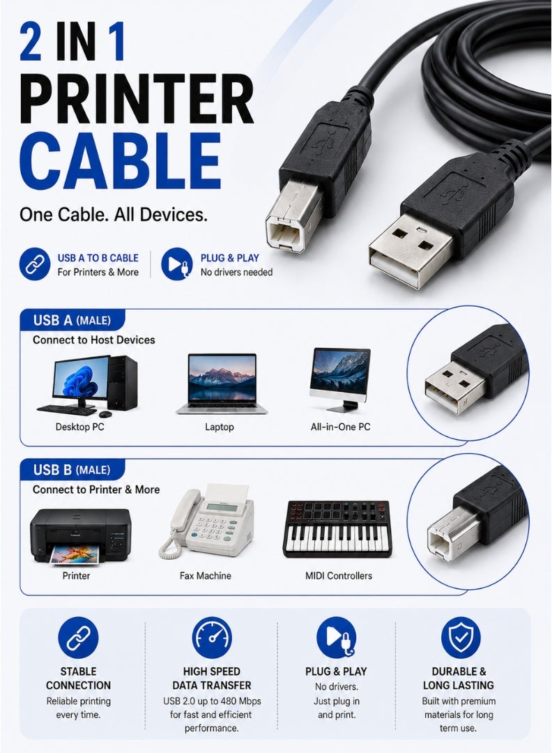 كابل طابعة USB بطول 1.5 متر من USB A إلى USB B لنقل البيانات عالي السرعة، متوافق مع الطابعات والماسحات والفاكس، لون أسود - Image 5