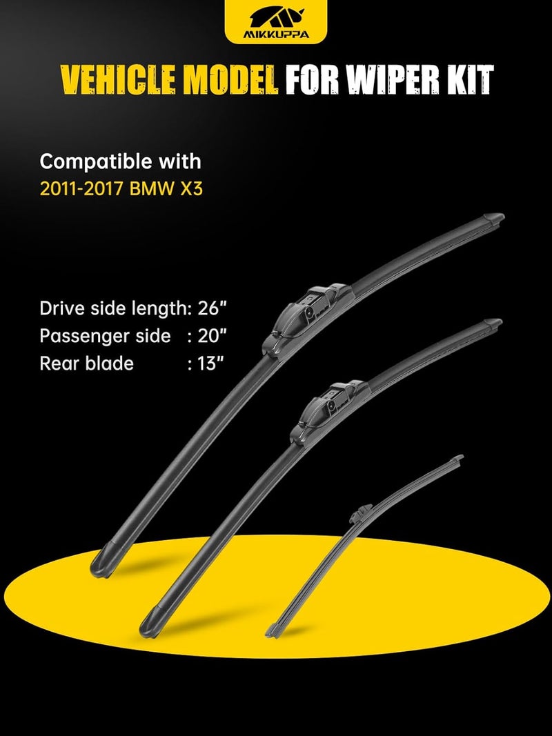 MIKKUPPA 26"+20"+13" Windshield Wipers Blades Replacement for 2011-2017 BMW X3, Side Lock Front & Rear All Season Wiper Blades Set(Pack of 3) - Image 2