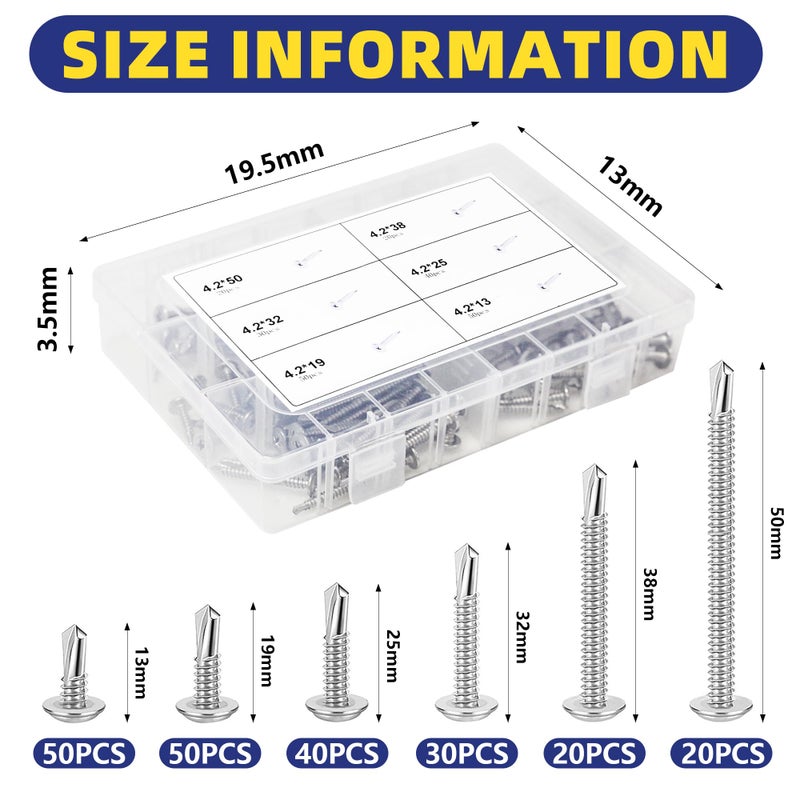 DN DENNOV 210pcs Self-Tapping Screws, Stainless Steel, M4.2 x 50mm/38mm/30mm/25mm/19mm/13mm - Image 2