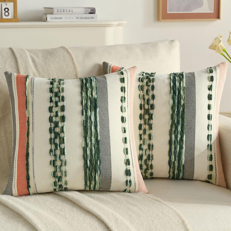 FUTEI Green Decorative Throw Pillow Covers 18x18 Inch Set of 2, Soft Tufted Striped Textured Accent Cushion Case,Boho Pillows for Couch Decor - Image 1
