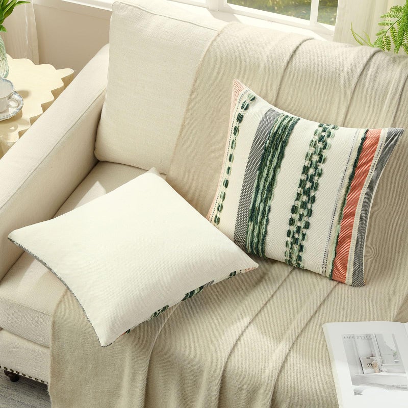 FUTEI Green Decorative Throw Pillow Covers 18x18 Inch Set of 2, Soft Tufted Striped Textured Accent Cushion Case,Boho Pillows for Couch Decor - Image 4