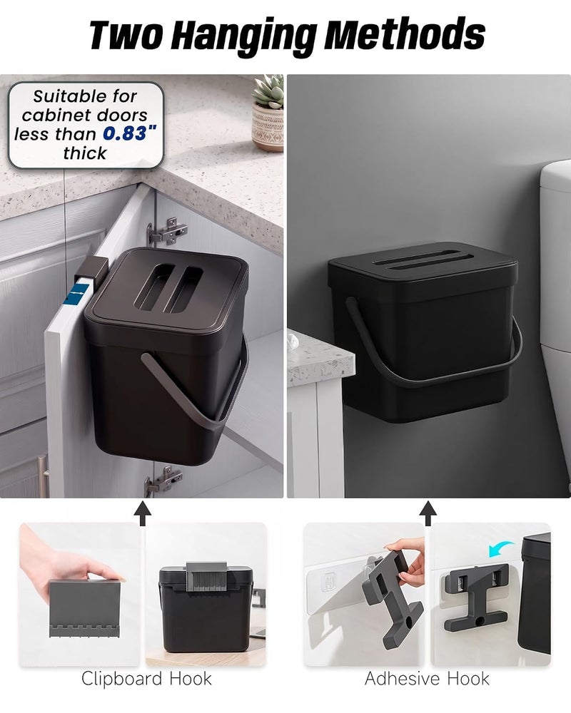 MONGTINGLU Countertop Compost Bin Kitchen, 1.8 Gallons Hanging Trash Can with Lid for Kitchen Cabinet Door, Under Sink, Wall Mounted Waste Bin for Bathroom, 7L(Black) - Image 4