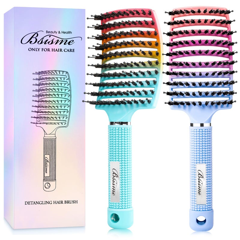 Bsisme Boar Bristle Hair Brush, Curved Vented Detangler Brush Faster Blow Drying, Paddle Detangling Brush for Women Men Kids Wet Dry Long Curly Thick Straight Hair, Make Hair Shiny and Healthier(Green+Blue) - Image 1