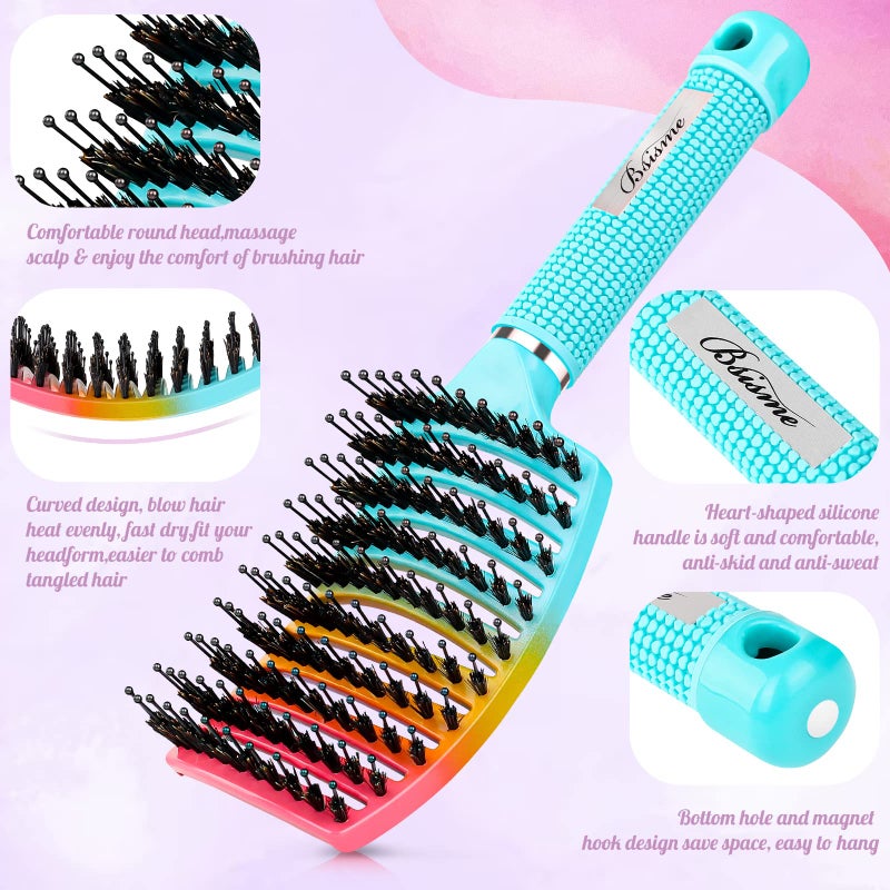 Bsisme Boar Bristle Hair Brush, Curved Vented Detangler Brush Faster Blow Drying, Paddle Detangling Brush for Women Men Kids Wet Dry Long Curly Thick Straight Hair, Make Hair Shiny and Healthier(Green+Blue) - Image 2