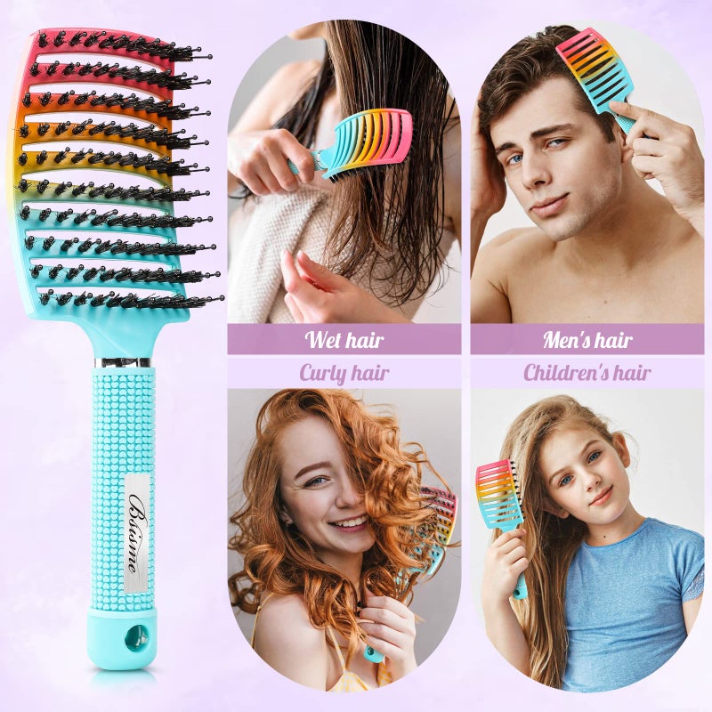 Bsisme Boar Bristle Hair Brush, Curved Vented Detangler Brush Faster Blow Drying, Paddle Detangling Brush for Women Men Kids Wet Dry Long Curly Thick Straight Hair, Make Hair Shiny and Healthier(Green+Blue) - Image 4