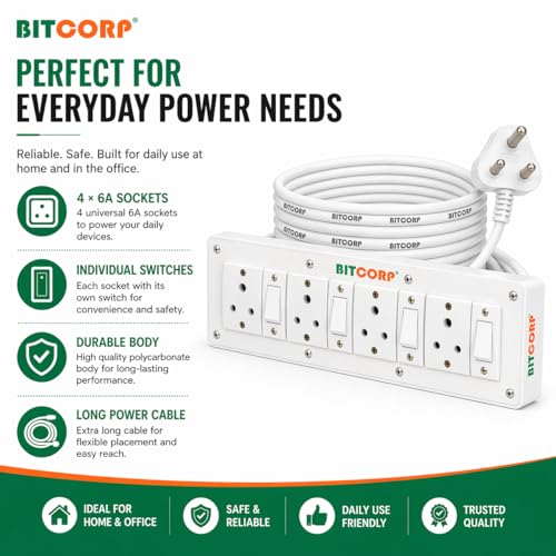BITCORP 6A Extension Board 4 Socket 4 Switch, 1500W, 3M 0.75mm ISI Certified Wire - Image 2