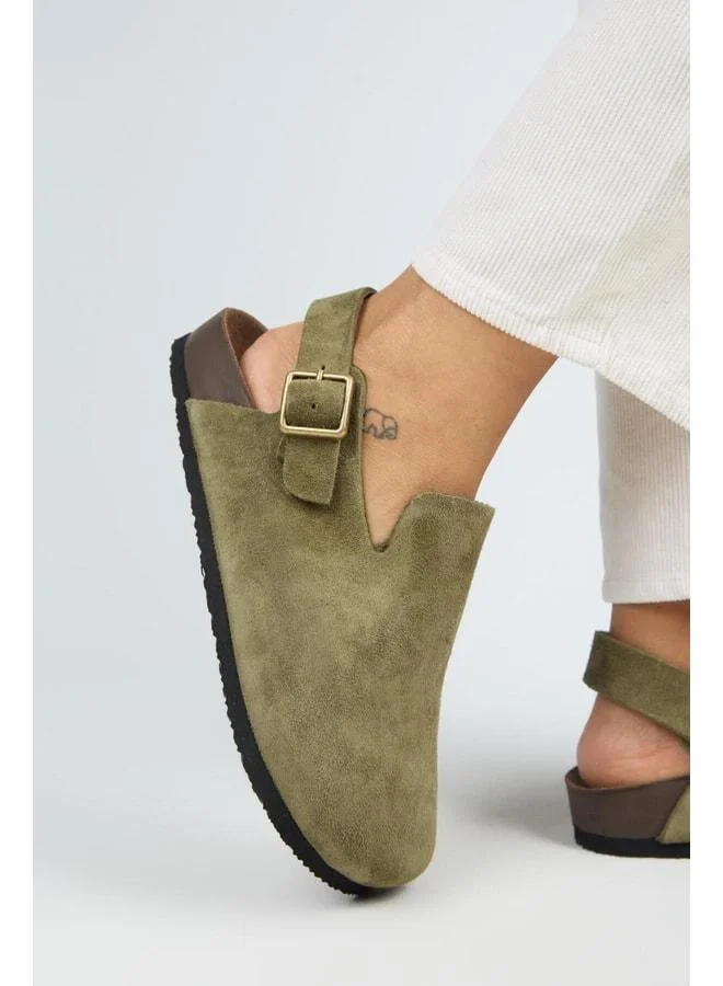 Holly 2 Women's Genuine Leather Belted Buckle Sabo Khaki Sandal.