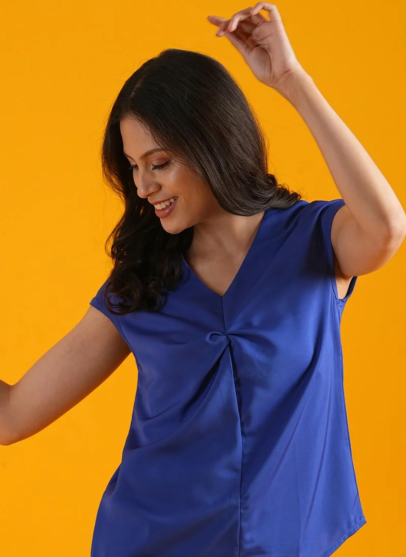 globus Globus Women Blue V-Neck Extended Sleeves Twisted Detailed Top