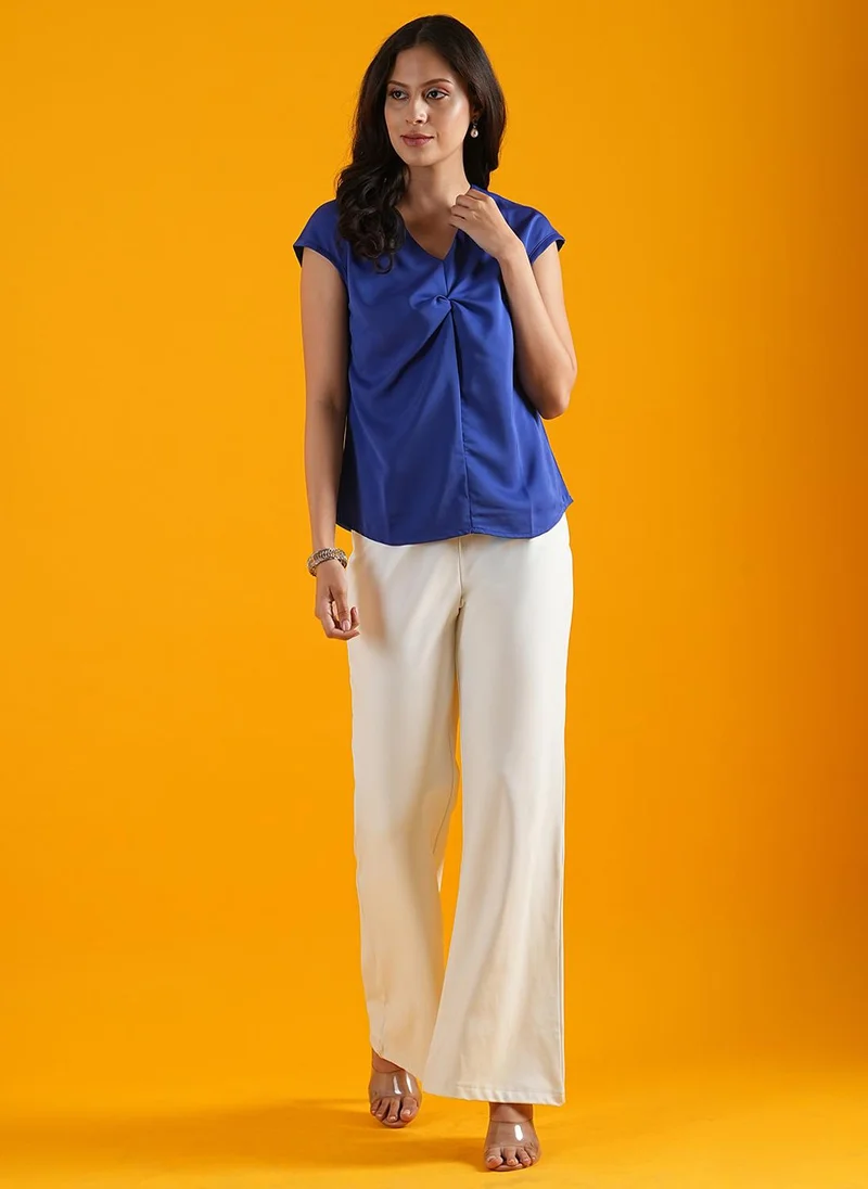 globus Globus Women Blue V-Neck Extended Sleeves Twisted Detailed Top