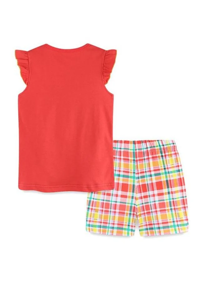 YUNIQEE Red Crew Neck Cap Sleeve Printed Tshirt & Shorts