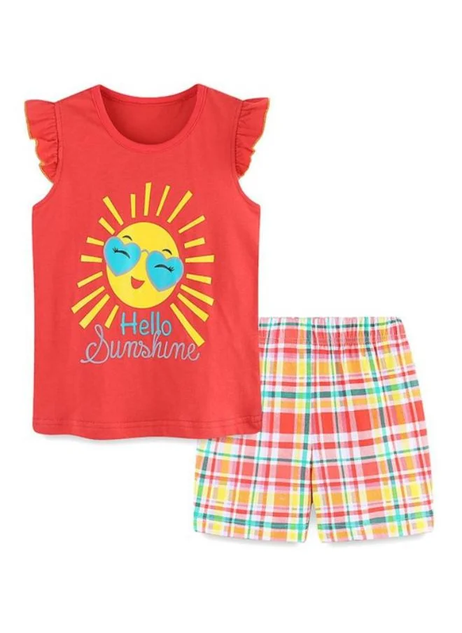 YUNIQEE Red Crew Neck Cap Sleeve Printed Tshirt & Shorts