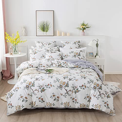 FADFAY White Floral Duvet Cover Set 100 Cotton Farmhouse Bedding with Hidden Zipper Closure 3 Pieces 1duvet Cover  2pillowcasesKingCalifornia King Size