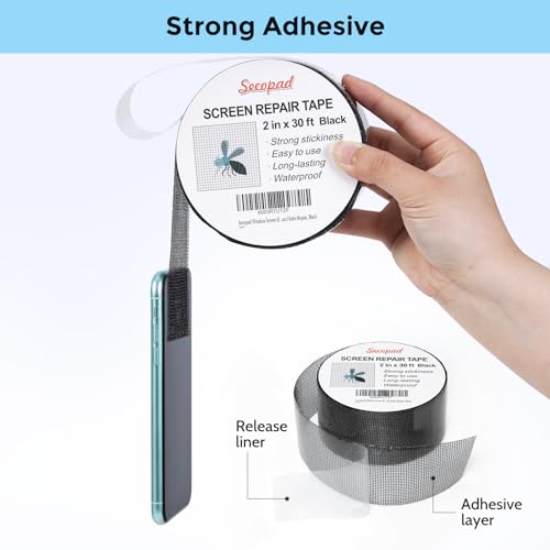 Secopad Black Window Screen Repair Tape, 2 in X 30 FT (360IN) Screen Repair Kit for Windows or Doors, Strong Adhesive Fiberglass Mesh Patch Tape - Image 3