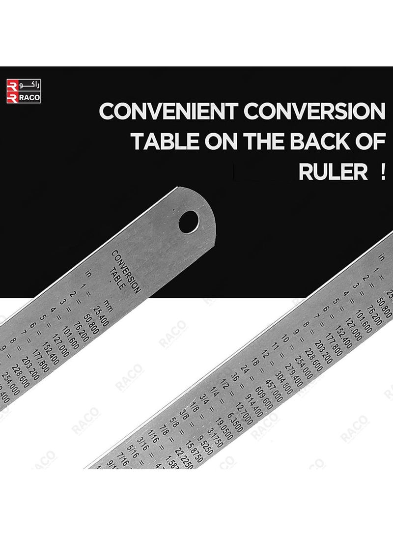 RACO مسطرة ريكو أوكن من الفولاذ المقاوم للصدأ | مقياس SS ثقيل مع جدول تحويل للمدرسة، المكتب، المنزل، المعماريين، المهندسين، ومواد الحرف (24 بوصة، 60 سم) - Image 4