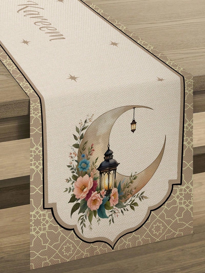 Ramadan Decorations Table Runner With Crescent Moon And Lantern Floral Design For Home Tables – Ramadan Decorations For Homes And Parties - Image 1