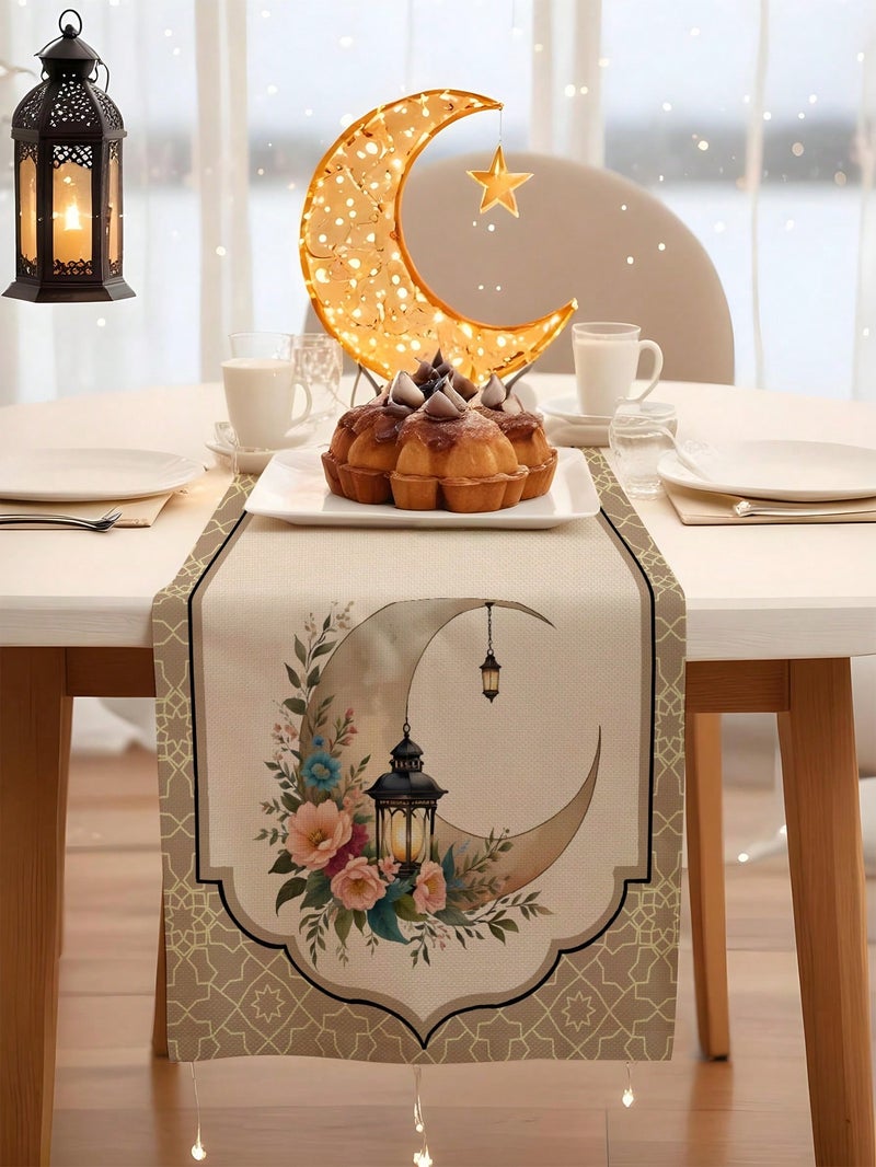 Ramadan Decorations Table Runner With Crescent Moon And Lantern Floral Design For Home Tables – Ramadan Decorations For Homes And Parties - Image 2