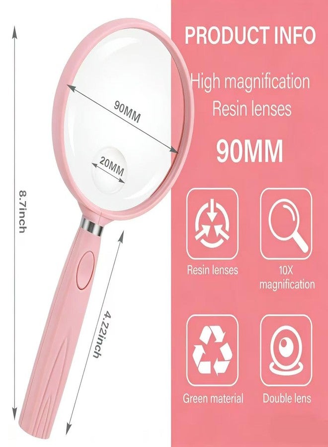 Feosky Handheld Reading Magnifier, 10X Magnifier, 90mm Shatterproof Lens, Non-Slip Handle for Adults Close Work, Seniors Reading and Nature Exploration, Hobby Observation(Pink) - Image 2