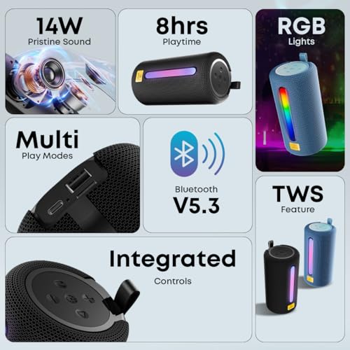 pTron Fusion Buzz 14W Bluetooth Speaker with Pristine Sound, 8hrs Playback, Rhythmic RGB LEDs, Multi-Play Modes BT5.3/TF Card/USB, TWS Feature, Integrated Button Controls, Type-C Charging (Blue) - Image 2