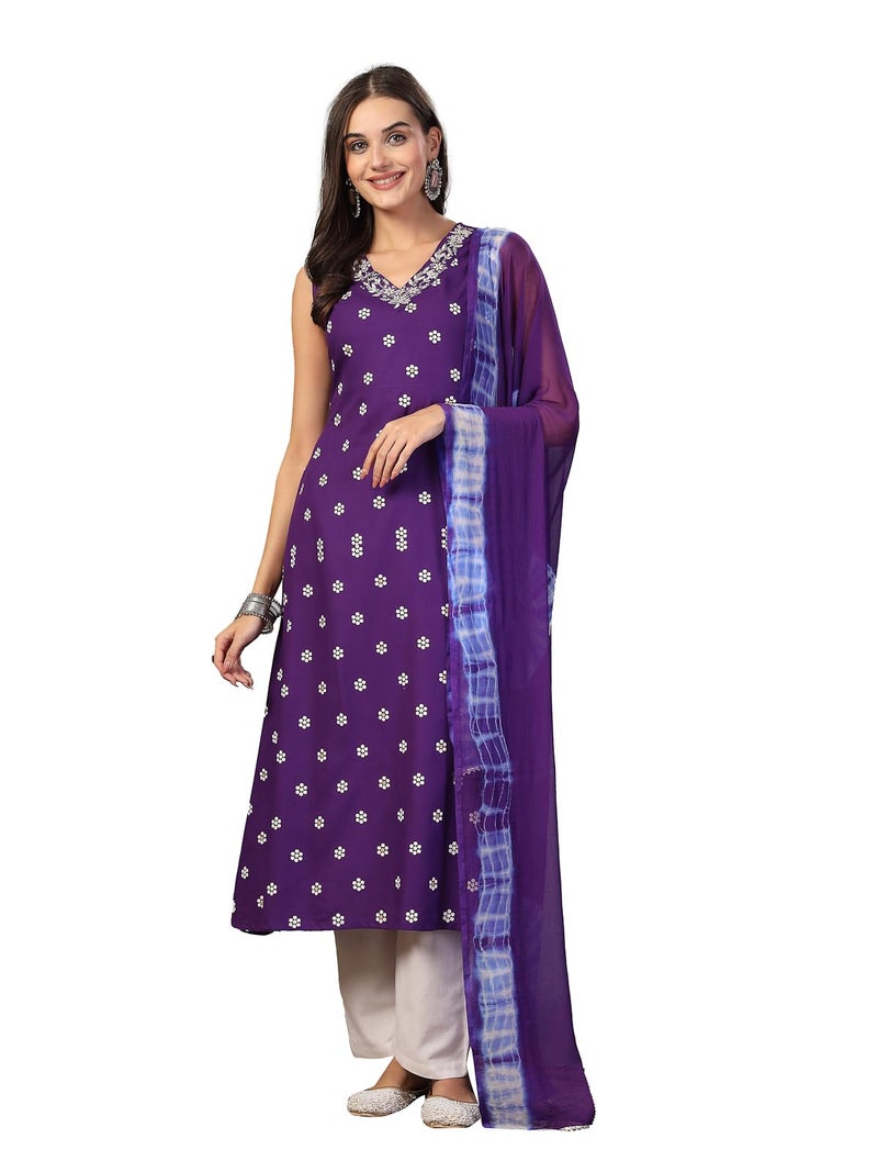 Stylum Women's Floral Printed & Embroidered Rayon A-Line Kurta With Dupatta - Image 1