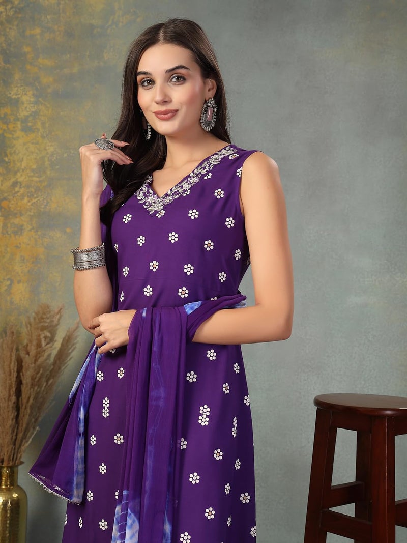 Stylum Women's Floral Printed & Embroidered Rayon A-Line Kurta With Dupatta - Image 4