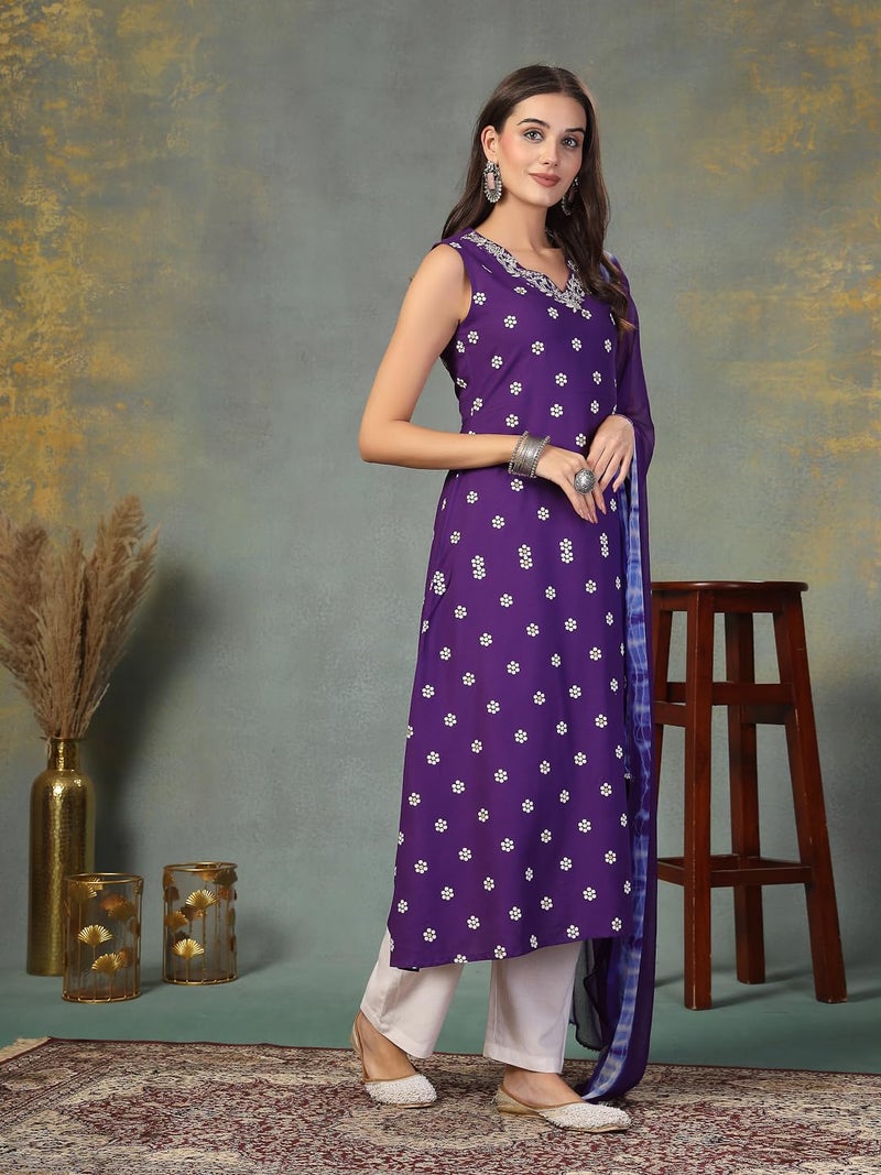 Stylum Women's Floral Printed & Embroidered Rayon A-Line Kurta With Dupatta - Image 3