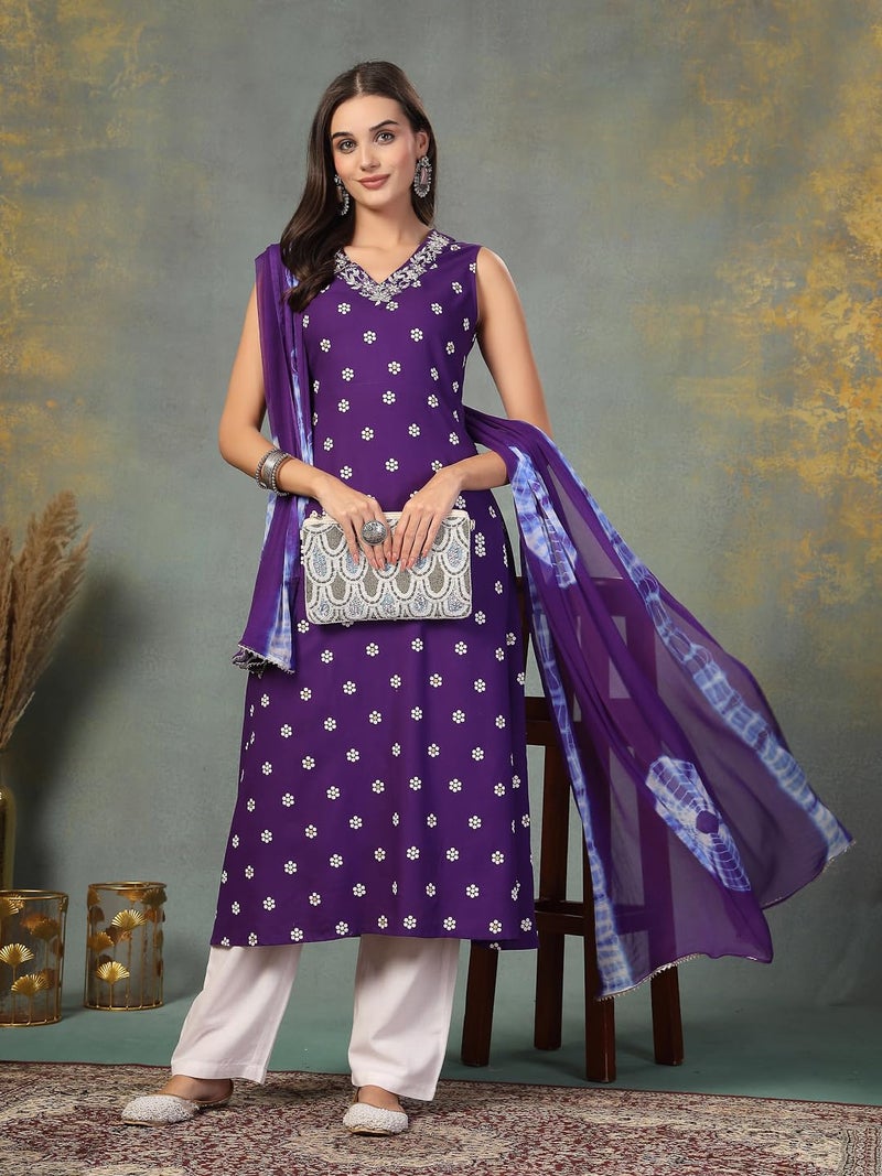 Stylum Women's Floral Printed & Embroidered Rayon A-Line Kurta With Dupatta - Image 5